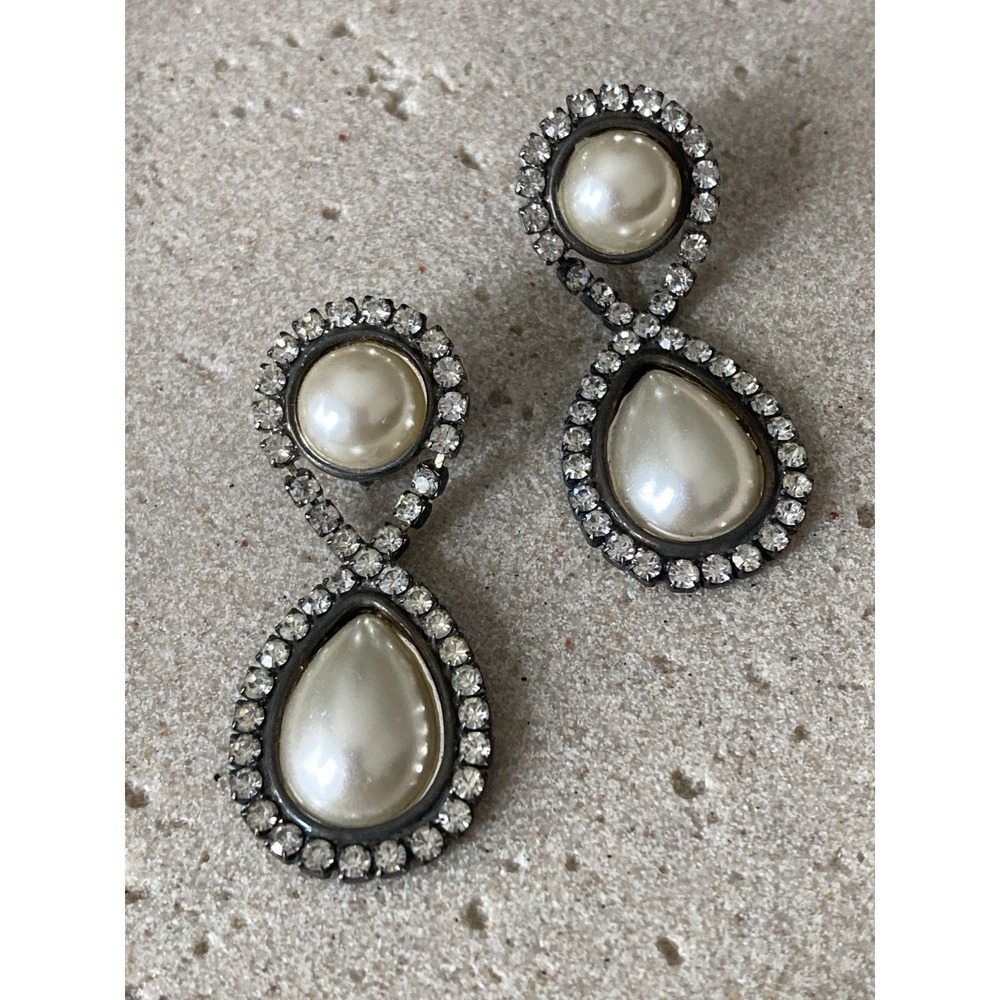 Vintage‎ Faux Pearl Rhinestone Dangle Earrings Tarnished Silver Tone Chunky